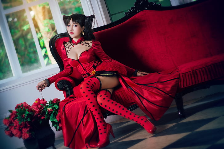 chest, look, girl, flowers, red, face, pose, style, background, room, sofa, feet, stockings, hands, dress, brunette, window, costume, shoes, outfit, floor, neckline, heels, vase, image, decoration, Asian, bow, sitting, cutie, the room, cosplay, bangs, leaning, HD wallpaper