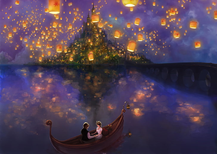 Disney Tangled painting, water, love, bridge, lights, lake, chameleon, castle, boat, island, tale, Rapunzel, a couple, lanterns, Princess, Palace, Tangled, Complicated story, Pascal, Flynn, the movie, fairytales, fanart, HD wallpaper