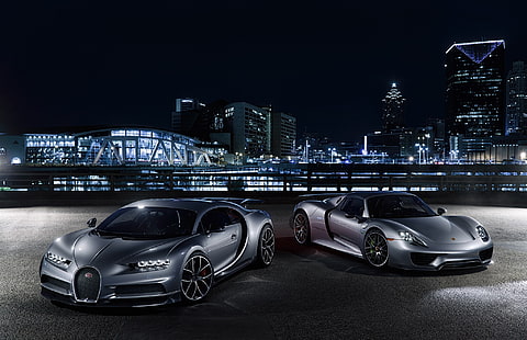 Porsche, Bugatti, Stadt, Spyder, 918, Lichter, Silber, VAG, Chiron, HD-Hintergrundbild HD wallpaper