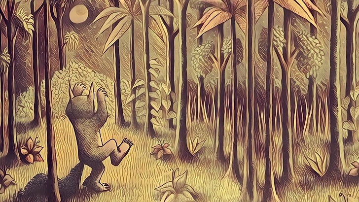 brązowy obraz w ramie przedstawiający brązowe drewniane drzewo, Gdzie są dzikie stwory, noc, las, Księżyc, Maurice Sendak, Tapety HD