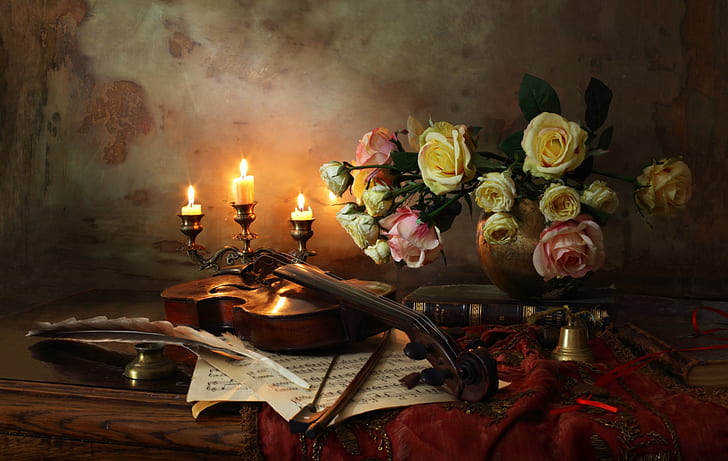 pen, violin, roses, candle, still life, bow, HD wallpaper