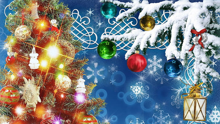 Weihnachtsbäume, Weihnachtskiefer mit Weihnachtskugeln, Dekorationen, Firefox-Person, Weihnachten, hell, feliz navidad, Kälte, Bäume, Schnee, Licht, Winter, HD-Hintergrundbild