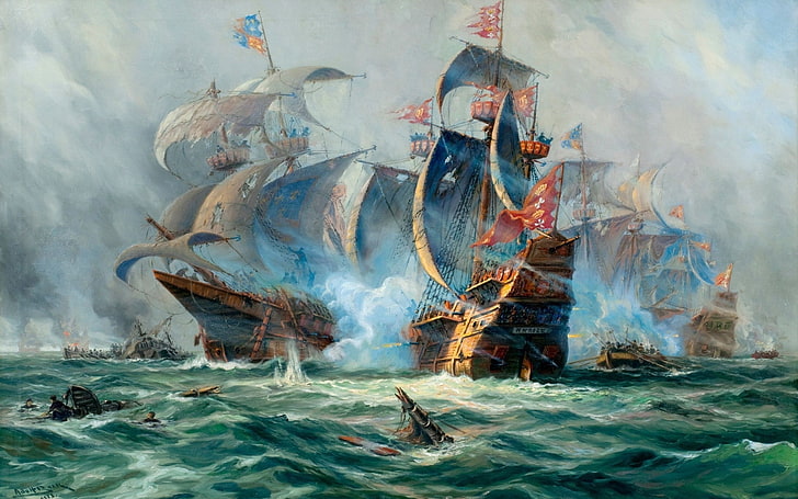dipinti ad acqua navi battaglie opere d'arte mare 2560x1600 Natura Acqua HD Arte, acqua, dipinti, Sfondo HD
