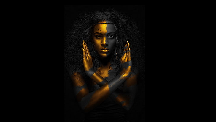 farba do ciała, kobiety, modelka, twarz, portret, ciemny, czarny, złoty, Tapety HD