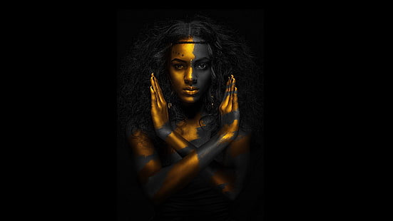 бодиарт, женщины, модель, лицо, портрет, темно, черный, золото, HD обои HD wallpaper