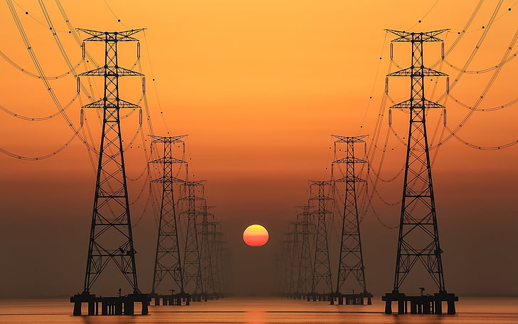 postes de transmisión negros, puesta de sol, sol, líneas eléctricas, electricidad, Fondo de pantalla HD