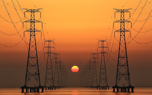 black transmission posts, sunset, Sun, power lines, electricity, HD wallpaper HD wallpaper