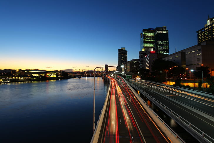 time lapse photography of a city street, brisbane, brisbane, Brisbane City, time lapse photography, street, Brisbane  City, night, cityscape, urban Scene, bridge - Man Made Structure, architecture, traffic, dusk, urban Skyline, transportation, city, downtown District, famous Place, river, HD wallpaper