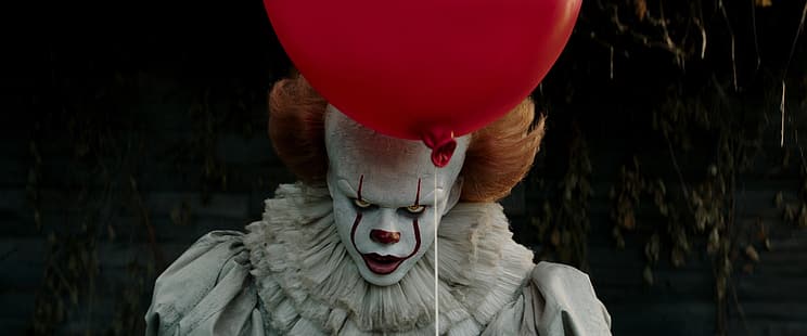 It (film), pennywise, clown, horror, mongolfiera, foto di scena, Bill Skarsgård, uomini, attore, trucco, Sfondo HD HD wallpaper