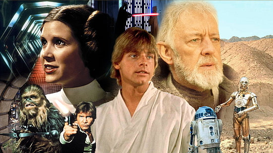 Star Wars, Star Wars Episode IV: A New Hope, Alec Guinness, C-3PO, Carrie Fisher, Chewbacca, Han Solo, Harrison Ford, Obi-Wan Kenobi, Princess Leia, R2-D2, HD wallpaper HD wallpaper