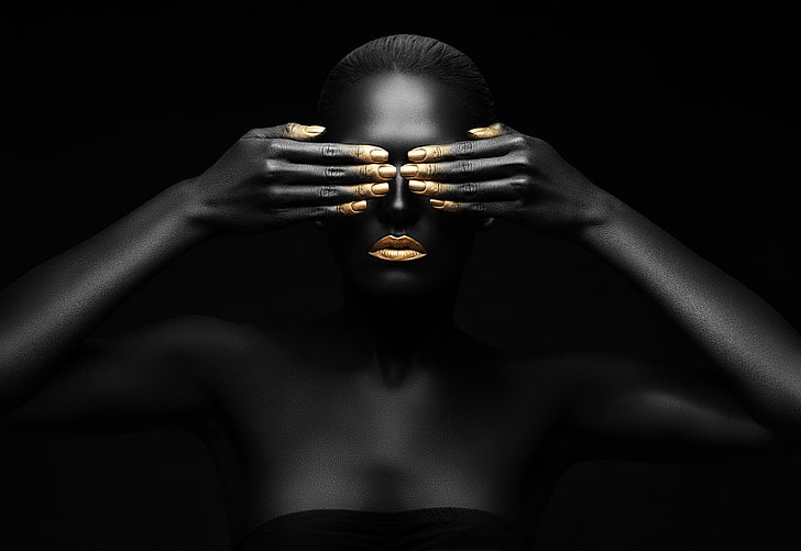 women's gold manicure, style, background, model, hands, black color, closed eyes, HD wallpaper