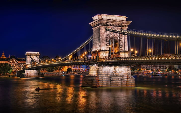 Цепной мост Будапешт, реки, огни, Венгрия, Дунай, мосты, цепной мост, красиво, вода, архитектура, Будапешт, HD обои