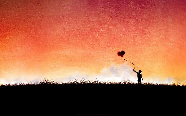 момче държи сърце балон силует тапет, произведения на изкуството, пейзаж, сърце, HD тапет