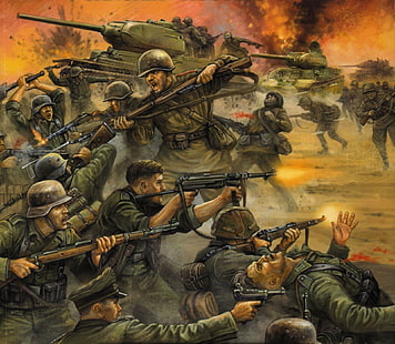 войник във война живопис, оръжия, огън, фигура, експлозии, война, войници, стрелба, битка, танкове, HD тапет HD wallpaper