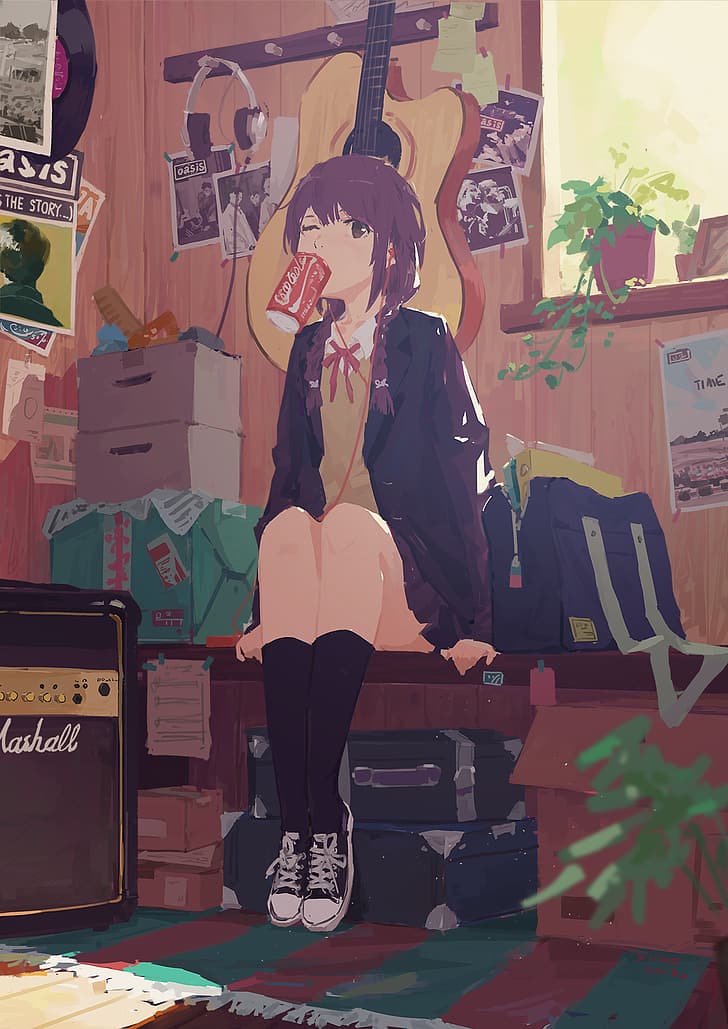 XilmO, anime, anime girls, artwork, guitar, headphones, Coca-Cola, HD wallpaper