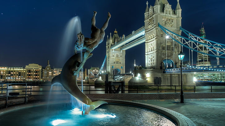 Лондон, Европа, мост, градски пейзаж, нощ, Великобритания, фонтан, HD тапет