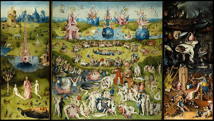 três pinturas variadas, tríptico, o jardim das delícias terrenas, Hieronymus Bosch, HD papel de parede