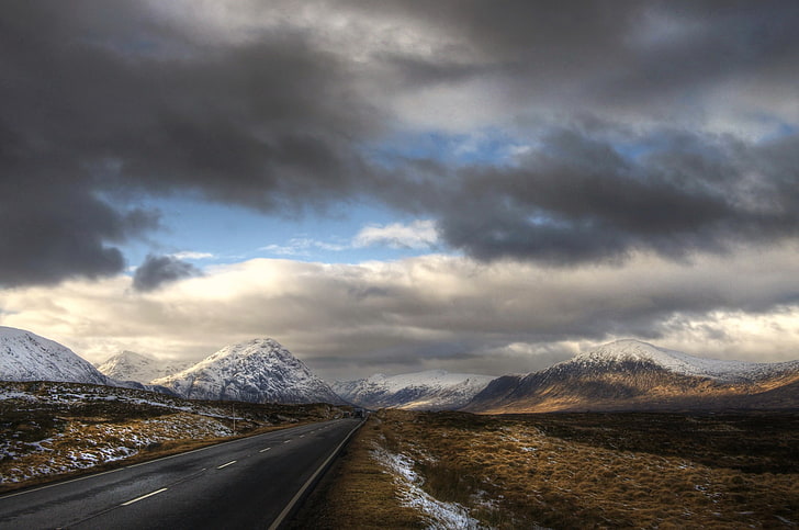white and blue floral textile, Scotland, road, clouds, mountains, snow, HD wallpaper
