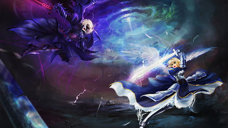 Ilustración de dos personajes de anime, Fate Series, Saber, espada, Fate / Stay Night: Unlimited Blade Works, armadura, bruja, rubia, Saber Alter, Fondo de pantalla HD