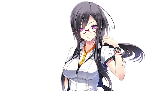 Anime, Anime Mädchen, weißer Hintergrund, Brille, graues Haar, rote Brille, rosa Augen, Krawatte, Uniform, Schulmädchen, Schulmädchenuniform, langes Haar, weißes Hemd, Hemd, HD-Hintergrundbild HD wallpaper