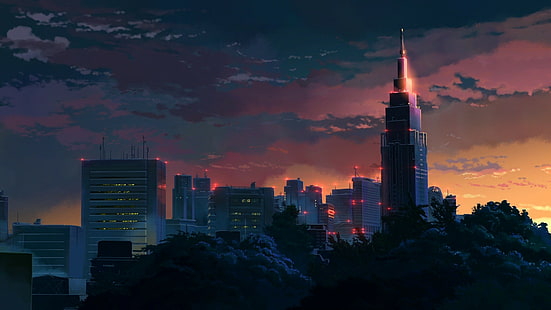 paysage urbain, Makoto Shinkai, le jardin des mots, coucher de soleil, Fond d'écran HD HD wallpaper