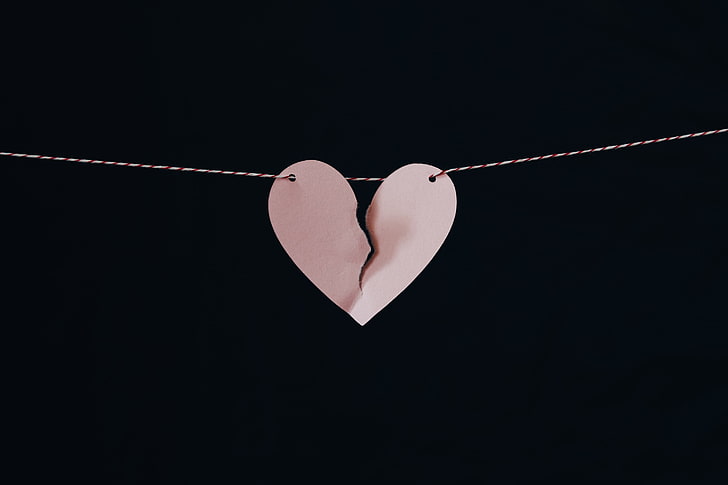 heart-shaped white pendant chain necklace, heart, paper, string, breaking, HD wallpaper