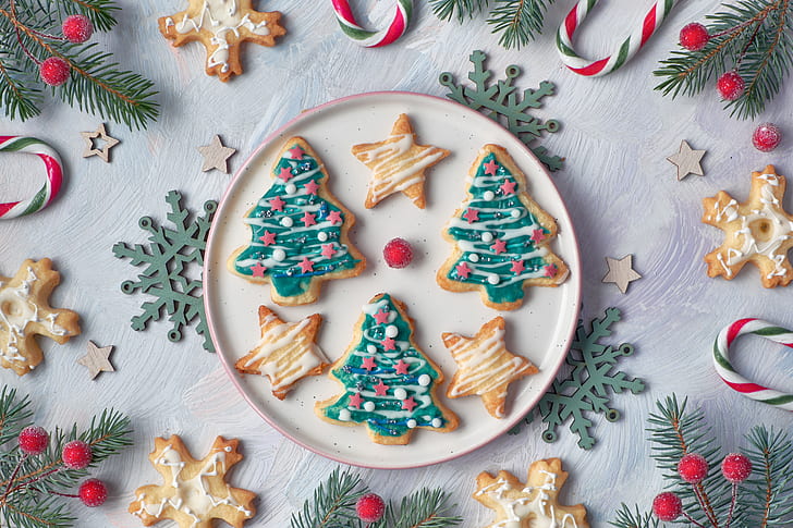 tree, Christmas, cookies, decoration, tray, HD wallpaper