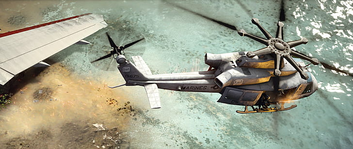 helicopters uh 1 aerial view beach battlefield 4, HD wallpaper