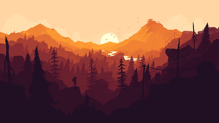Relógio de fogo, floresta, montanha, pôr do sol, HD papel de parede