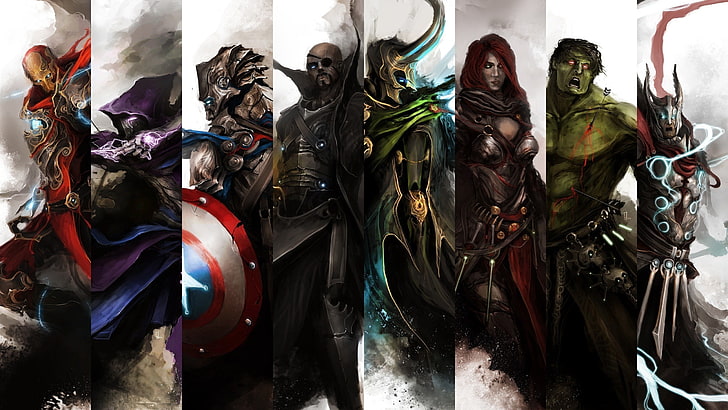 Fondo de pantalla de collage de The Avengers, The Avengers, Iron Man, Thor, Hulk, Black Widow, Captain America, Hawkeye, Nick Fury, Loki, alineaciones, Fondo de pantalla HD