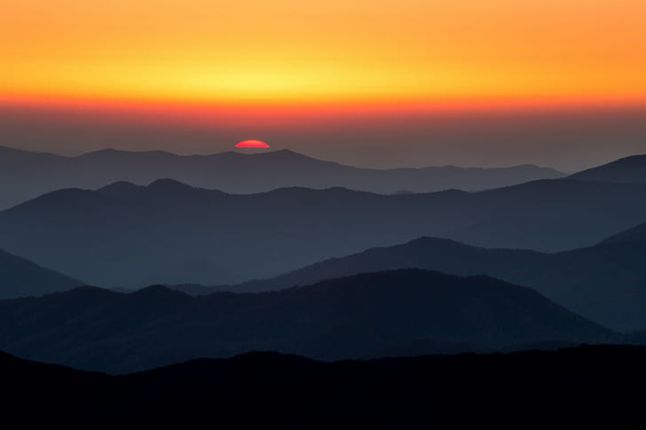 landscape, Sun, Smoky Mountains, Tennessee, national park, mountains, sunset, orange sky, skyscape, silhouette, HD wallpaper