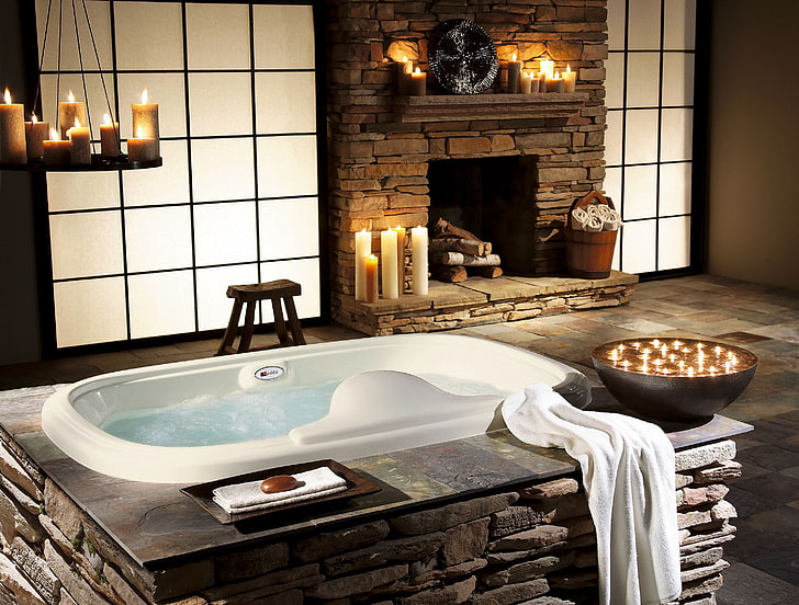 white ceramic bathtub, design, house, style, Villa, interior, bathroom, HD wallpaper
