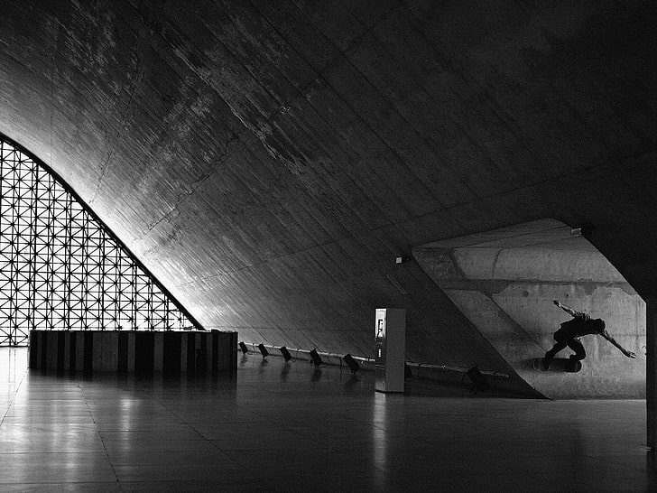 arquitetura, monocromático, construção, Fabiano Rodrigues, patinação, skate, skate, homens, São Paulo, Brasil, museu, azulejos, HD papel de parede
