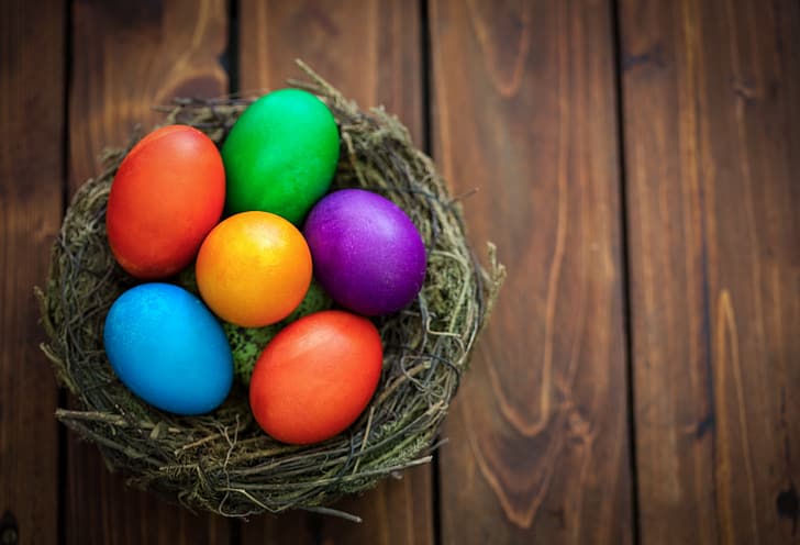 primavera, colorido, Pascua, zócalo, cesta, madera, huevos, decoración, Feliz, nido, los huevos pintados, Fondo de pantalla HD