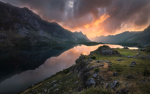 grönt gräs, berg, sjö, Spanien, Asturien, Valle de Lago, HD tapet HD wallpaper