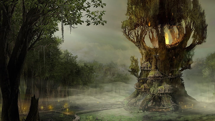 ilustrasi rumah pohon coklat, seni fantasi, hutan, menggambar, seni digital, Wallpaper HD