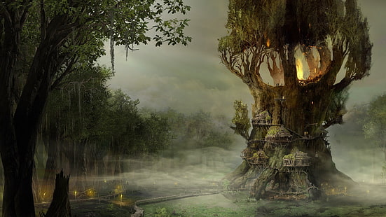 Ilustración de la casa del árbol marrón, arte de fantasía, bosque, dibujo, arte digital, Fondo de pantalla HD HD wallpaper