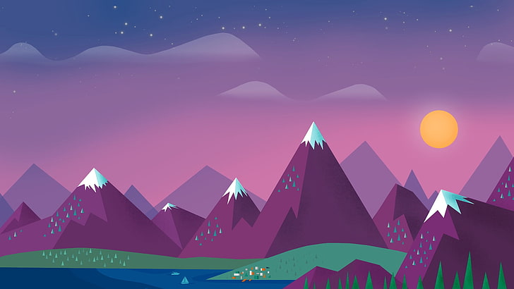 лилава планинска илюстрация, минимализъм, небе, облаци, слънце, планини, езеро, пейзаж, HD тапет