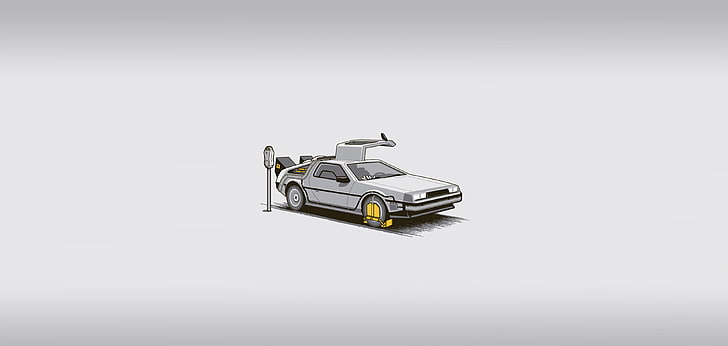 ilustracja szarego samochodu, maszyna, film, w porządku, minimalizm, Parking, wehikuł czasu, powrót do przyszłości, Tapety HD