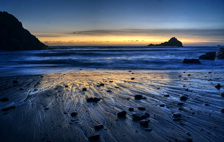 silhouette of mountain near seashore during sunrise, grateful, silhouette, mountain, seashore, sunrise, Big Sur, sunset, blue hour, reflection, wet, HDR, RAW, NEX-6, Photomatix, outdoor, night, long exposure, California, Pfeiffer, Beach, SEL-P1650, sky, Quality, HDR Photography, sea  water, dusk, serene, landscape, rock, ocean, seaside, shore, sand, sea, nature, coastline, wave, rock - Object, scenics, outdoors, water, sunrise - Dawn, beauty In Nature, HD wallpaper