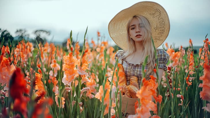 women, model, women outdoors, hat, field, flowers, plants, women with hats, food, bread, hair over one eye, orange flowers, dyed hair, long hair, plaid dress, dress, plaid clothing, looking at viewer, HD wallpaper