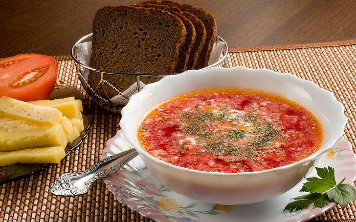 Soup Tomato Brown Bread Widescreen Resolutions, white ceramic bowl, food, bread, brown, resolutions, soup, tomato, widescreen, HD wallpaper