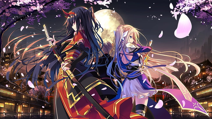 illustration de personnage d'anime femelle aux cheveux noirs, personnages originaux, armure, fleur de cerisier, samouraï, filles anime, épée, katana, cheveux longs, Fond d'écran HD