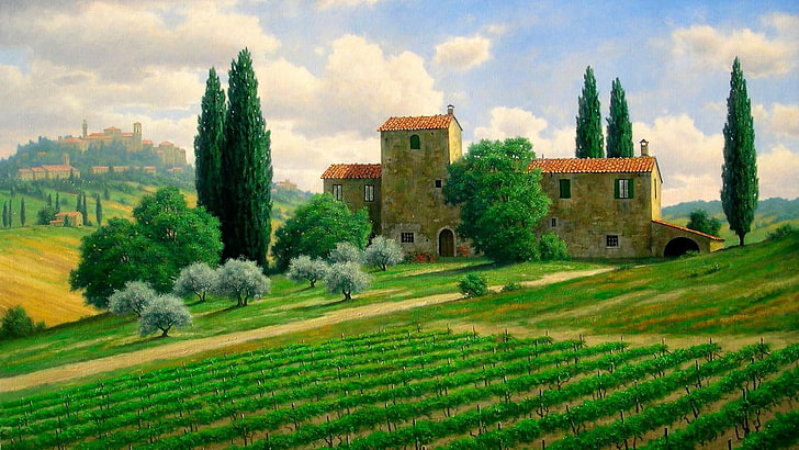 grass, castle, house, cottage, italy, tree, village, meadow, estate, nature, painting, sky, rural area, painting art, grassland, tuscany, field, green, HD wallpaper