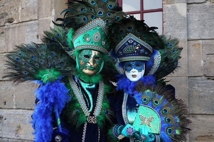 feathers, mask, fan, costume, Venice, peacock, carnival, HD wallpaper