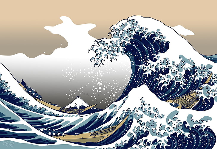 biru, alam, The Great Wave Off Kanagawa, Wallpaper HD