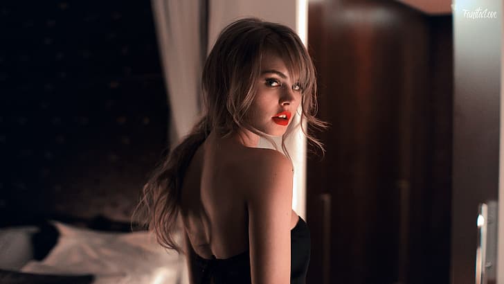 look, girl, sweetheart, model, back, beauty, the beauty, shoulder, red lips, Anastasia Shcheglova, Valeria Krivaja, HD wallpaper