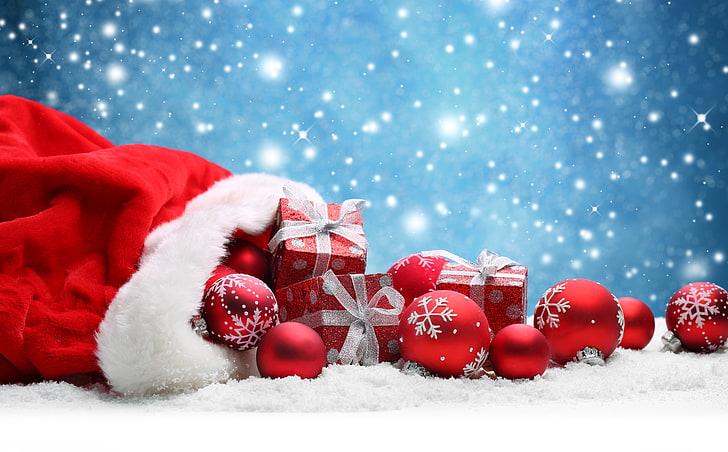 Bagattelle rosse e scatole regalo, decorazione, Natale, regali, Capodanno, borsa, borsa giocattolo, ornamento, sacco di giocattoli, borsa, borsa di Babbo Natale, regali, spirito natalizio, Sfondo HD