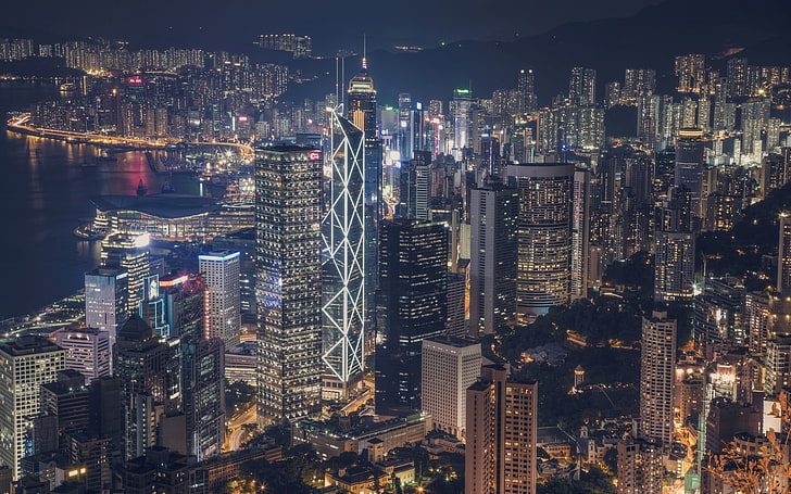 Гонконг Город небоскребов, Гонконг, город, городской пейзаж, небоскреб, ночь, огни, HD обои