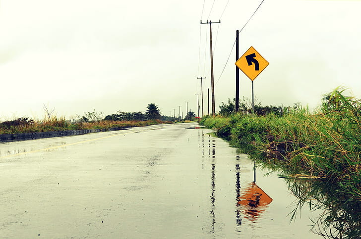 rua, sinais, molhado, rua molhada, sinal de estrada, reflexão, nublado, HD papel de parede